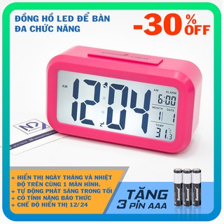 Đồng Hồ Điện Tử Để Bàn Với Đèn LED Đa Chức Năng: Thời Gian, Lịch, Báo Thức, Nhiệt Độ (Hồng) + Tặng kèm 3 pin Maxell