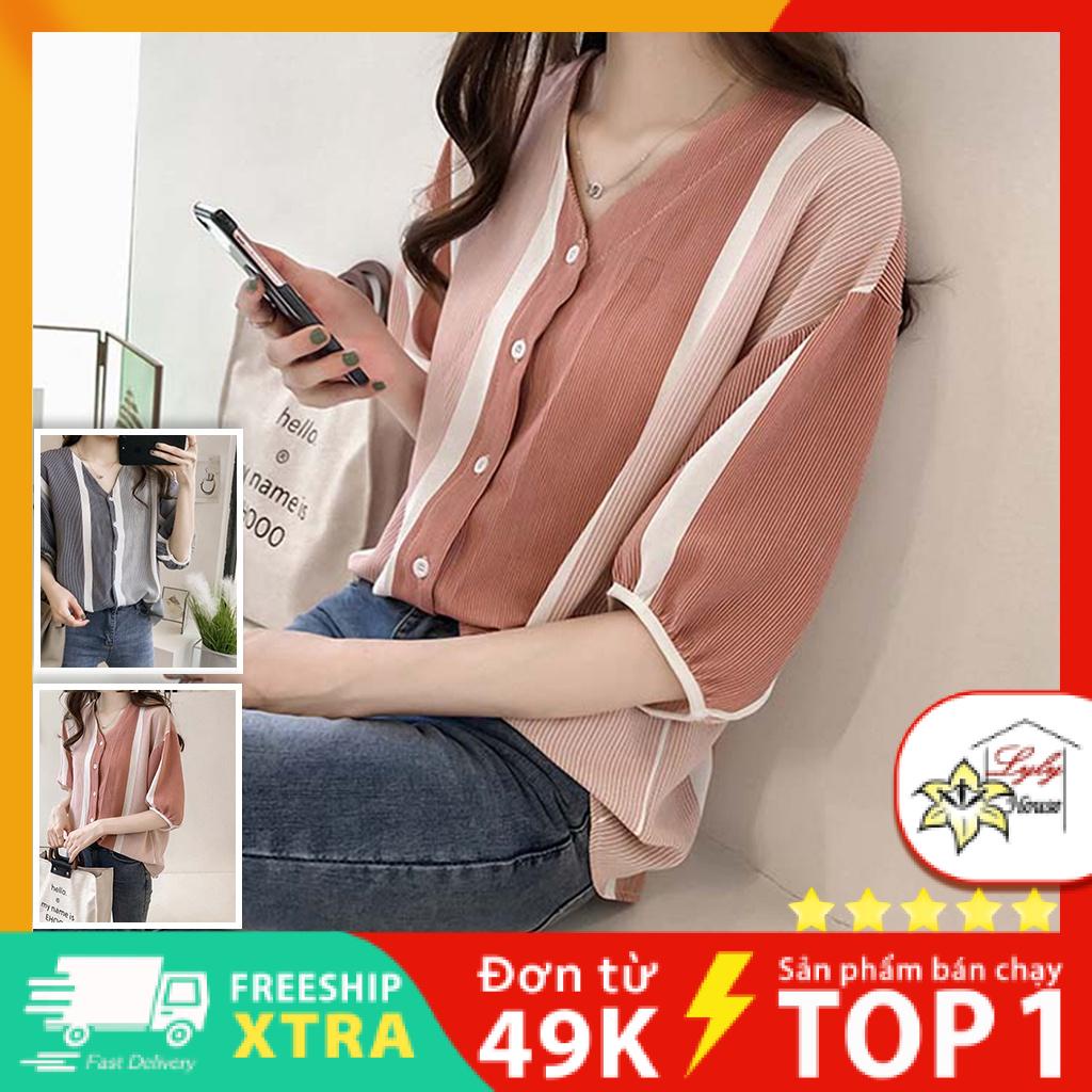 Áo sơ mi nữ , áo sơ mi họa tiết kẻ sọc , áo sơ mi công sở size m đến 4xl