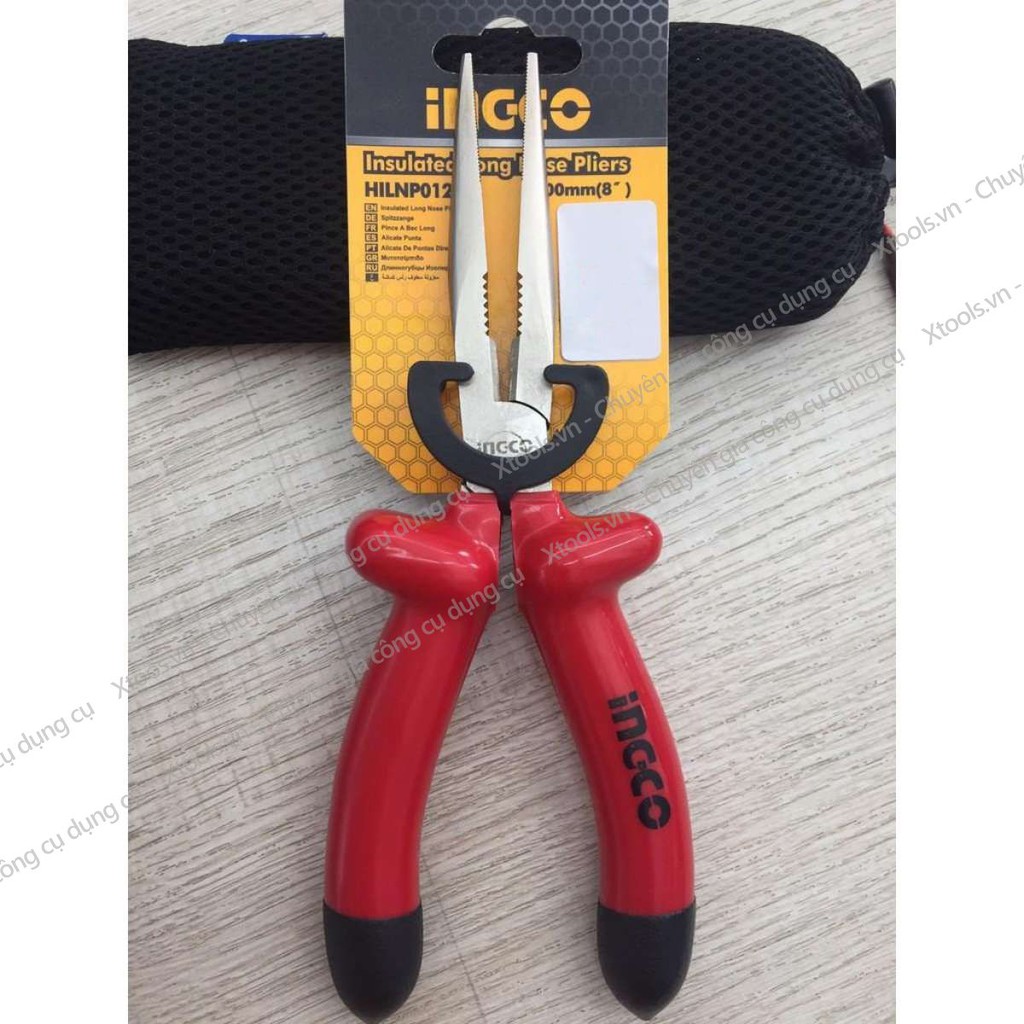 Kìm mỏ nhọn dài cách điện 1000V INGCO 8&quot; kềm chất liệu thép C-rV siêu bền cứng cắt tuốt dây điện kháng điện cao thế 1kV