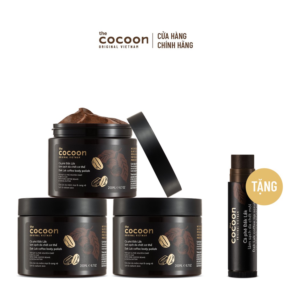 SPECIAL COMBO 3 Cà phê Đắk Lắk làm sạch da chết cơ thể Cocoon (tặng 1 tẩy da chết môi cà phê Đắk Lắk Cocoon 5g)