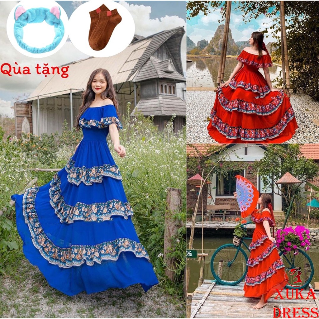 Đầm maxi thổ cẩm BOHO đi biển bẹt vai họa tiết nhíu tầng cá tính dã ngoại phong cách XUKA-DRESS DT05(hình thật tự chụp)