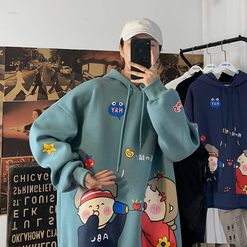 Áo sweater dáng rộng dài tay in hình hoạt họa có mũ trùm thời trang thu đông Hàn Quốc cho nam | BigBuy360 - bigbuy360.vn