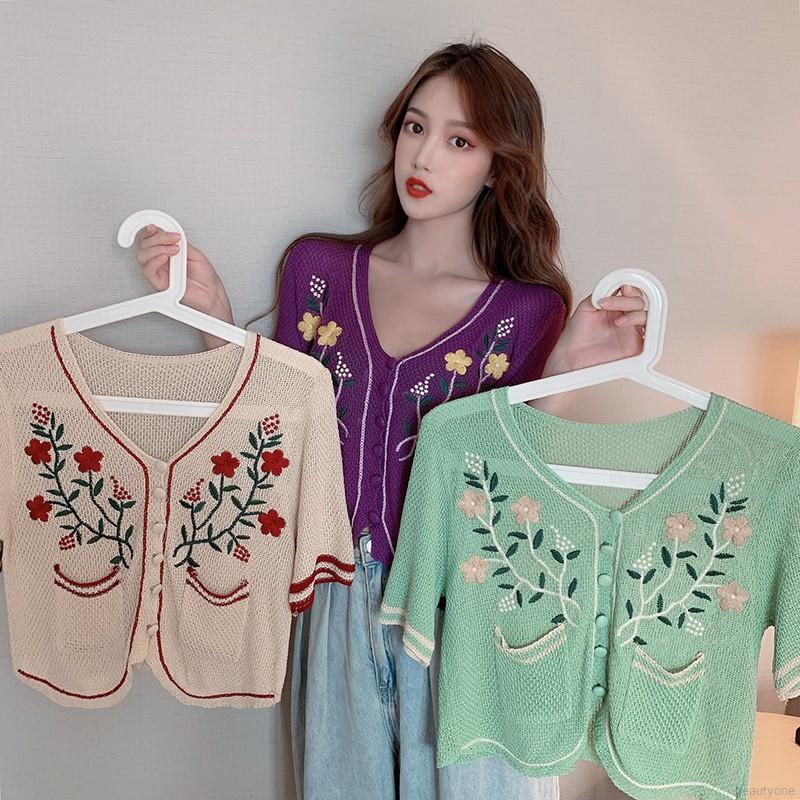 Áo Cardigan Dệt Kim Tay Ngắn Hoạ Tiết Hoa Thêu Cho Phái Nữ