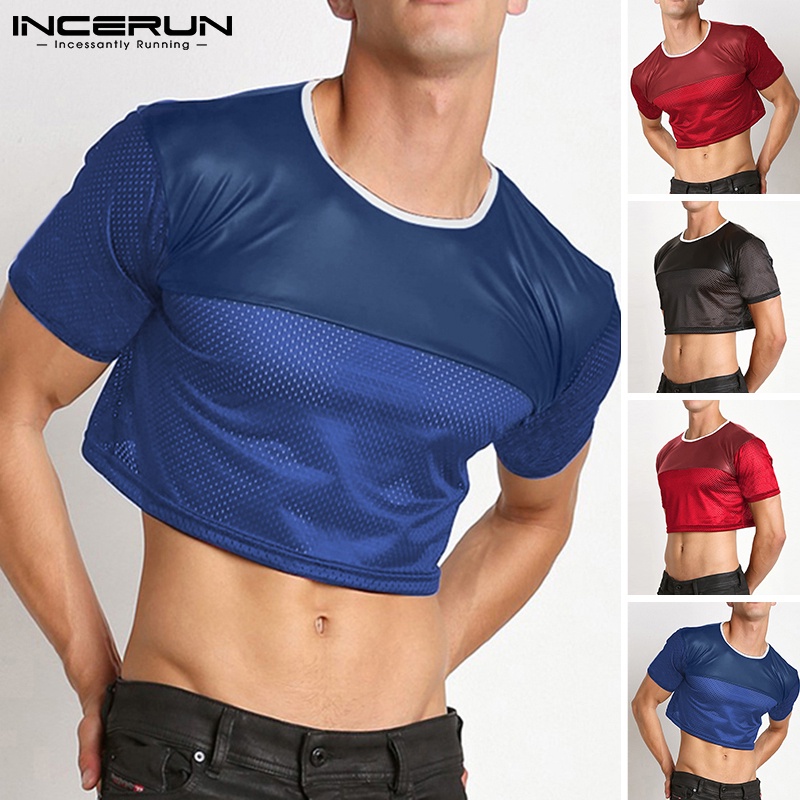 Áo croptop INCERUN cổ tròn tay ngắn thoáng khí thời trang cho nam