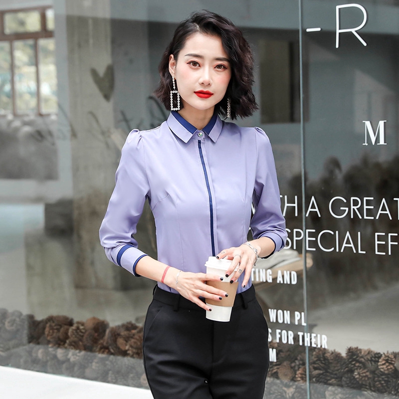 Áo sơ mi Polyester tay dài phong cách Hàn Quốc cổ Polo thanh lịch trẻ trung cho nữ