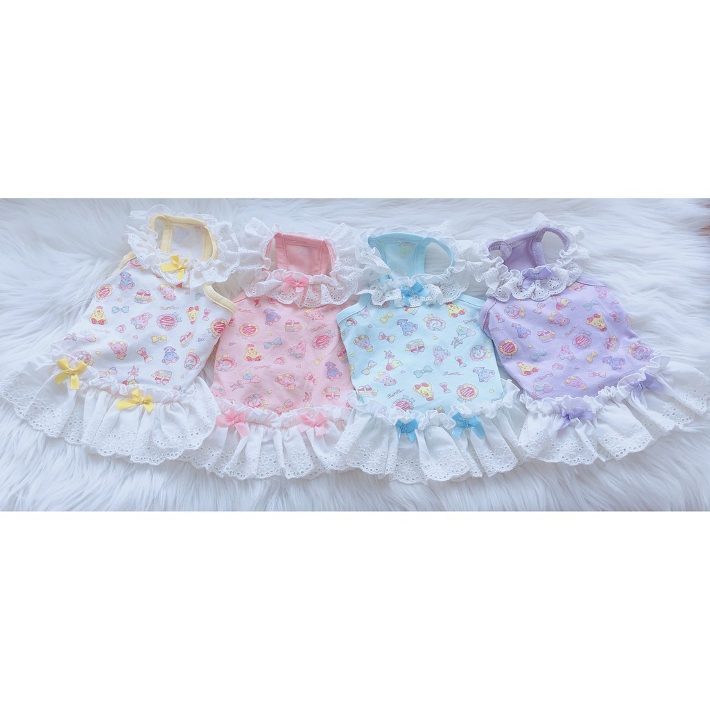 Váy thun hai dây phối bèo CAMQUYTSTORE in họa tiết gấu ngọt ngào dễ thương cho thú cưng