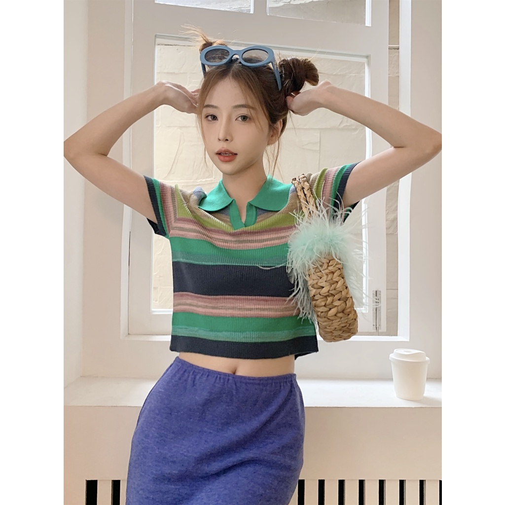 Áo Dệt Kim Cổ POLO Kẻ Sọc Cầu Vồng Tương Phản Hàn Quốc