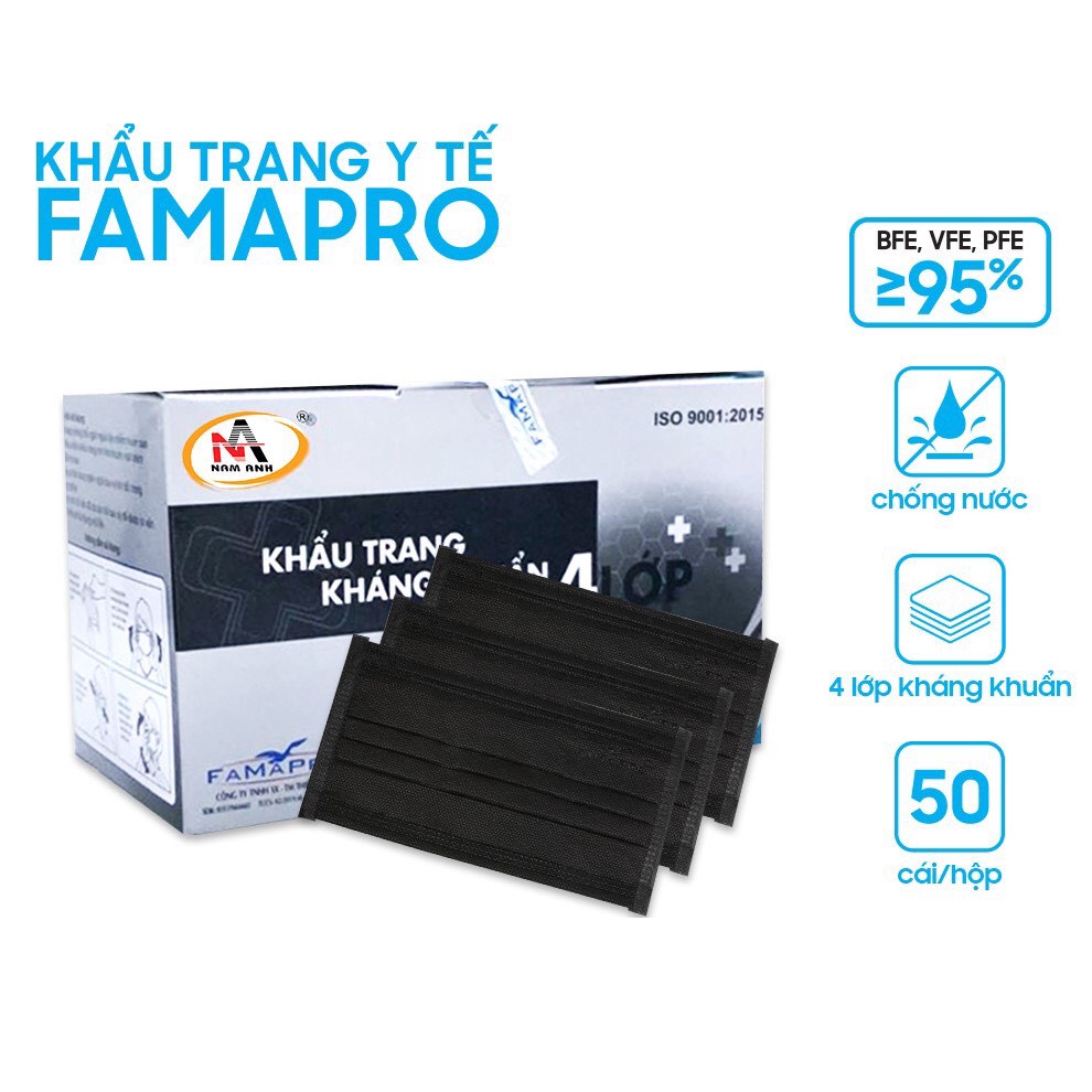 Chính Hãng- Khẩu trang y tế màu đen NAM ANH FAMAPRO 4 lớp giấy kháng khuẩn hộp 50 cái