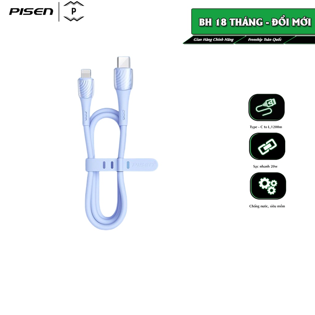 Cáp PISEN USB C to L công suất sạc 20W, chống nước, siêu mềm, xanh, model: LT-TC04-1200 - Hàng chính hãng