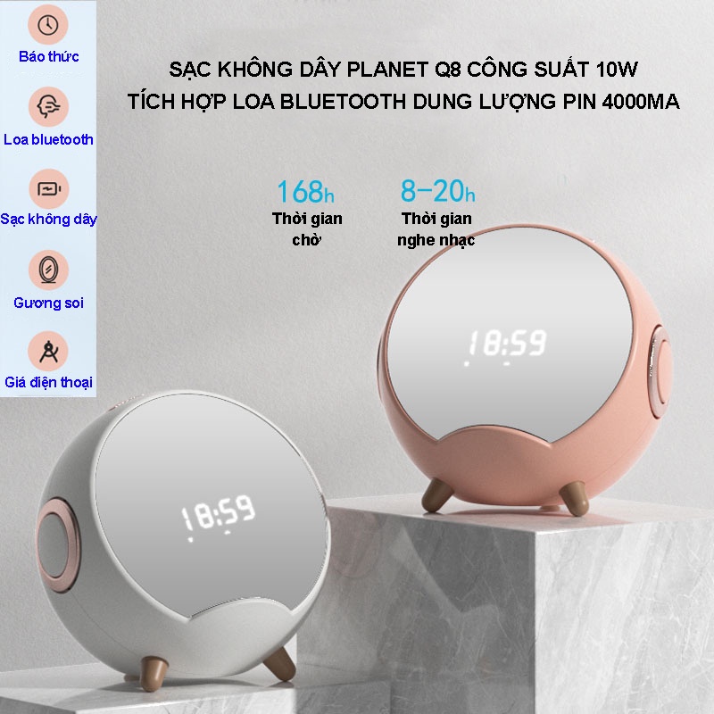 Sạc không dây Planet Q8 công suất 10W cho điện thoại tích hợp loa kết nối Bluetooth đồng hồ báo thức, đàm thoại 2 chiều