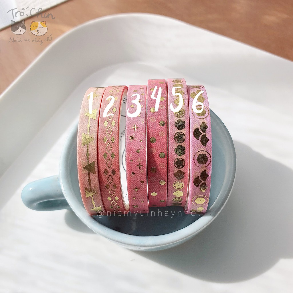 [HÀNG CÓ SẴN] [ẢNH THẬT] Washi tape nhũ ánh kim cực kì sắc nét HỒNG RỰC RỠ Gold Pink Washi tape (kích thước 5mm*2m)