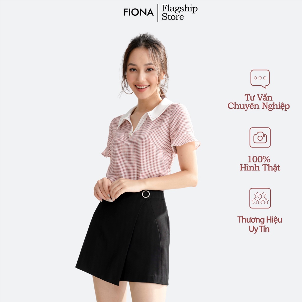 Áo sơ mi nữ cộc tay dáng suông FIONA, cổ V đính cúc F550265