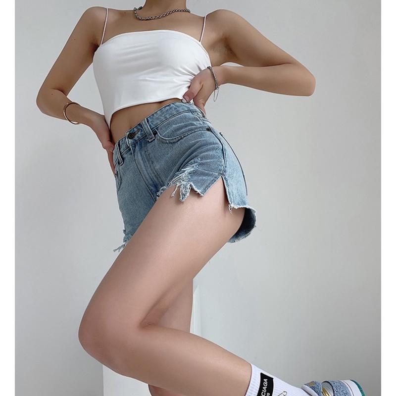 Quần short denim lưng cao ống rộng xẻ tà thời trang mùa hè cho nữ