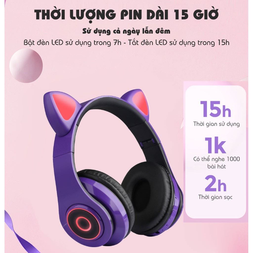 Tai Nghe Chụp Tai Bluetooth Không Dây Tai Mèo Đáng Yêu Có Đèn LED 23M