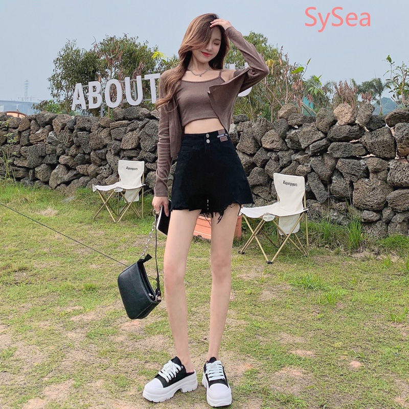 Quần Short Denim Màu Đen Lưng Cao Thời Trang Mùa Hè Cho Nữ