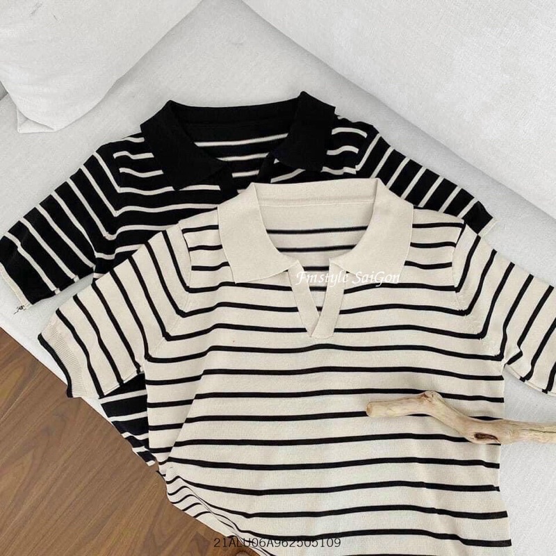 Áo len kẻ sọc tay ngắn croptop bo dưới có ảnh thật chất len mịn không xù - Áo nữ cổ polo bẻ thời trang Hàn Quốc