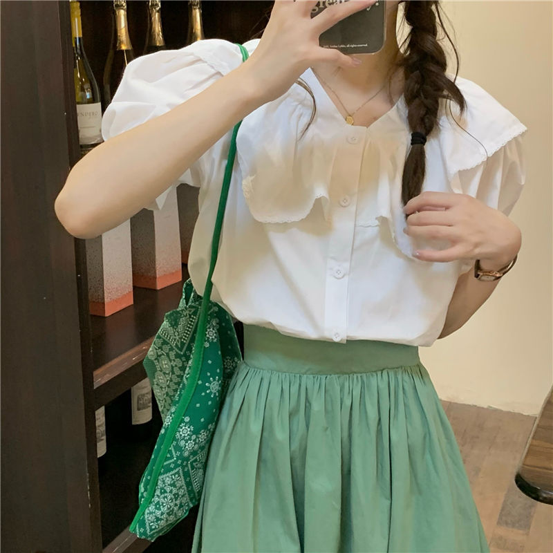 Yunyun Clothing Family ~ 2021 New Summer Lace Baby Collar White Shirt + Half Elastic Pleated Skirt Suit[delivery Within 15 Days ]