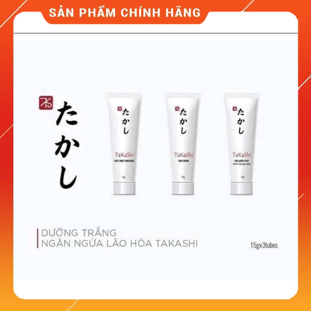 Bộ dưỡng trắng ngăn lừa lão hóa, nám da TAKASHI 15gram Sữa rửa mặt, kem chống nắng- kem tạo sợi collagen ban đêm