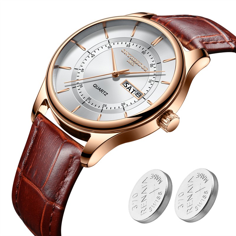 (NEW) Đồng hồ nam Ontheedge R08 full box có lịch thứ ngày dây da cao cấp + Tặng 2 viên pin Nhật | BigBuy360 - bigbuy360.vn