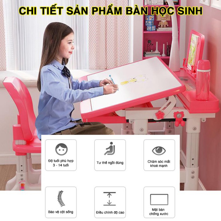 Bàn học sinh trẻ em RIBO HOUSE bộ bàn ghế size 80cm có đèn, chống gù, chống cận, điều chỉnh độ cao cho bé RIBO138