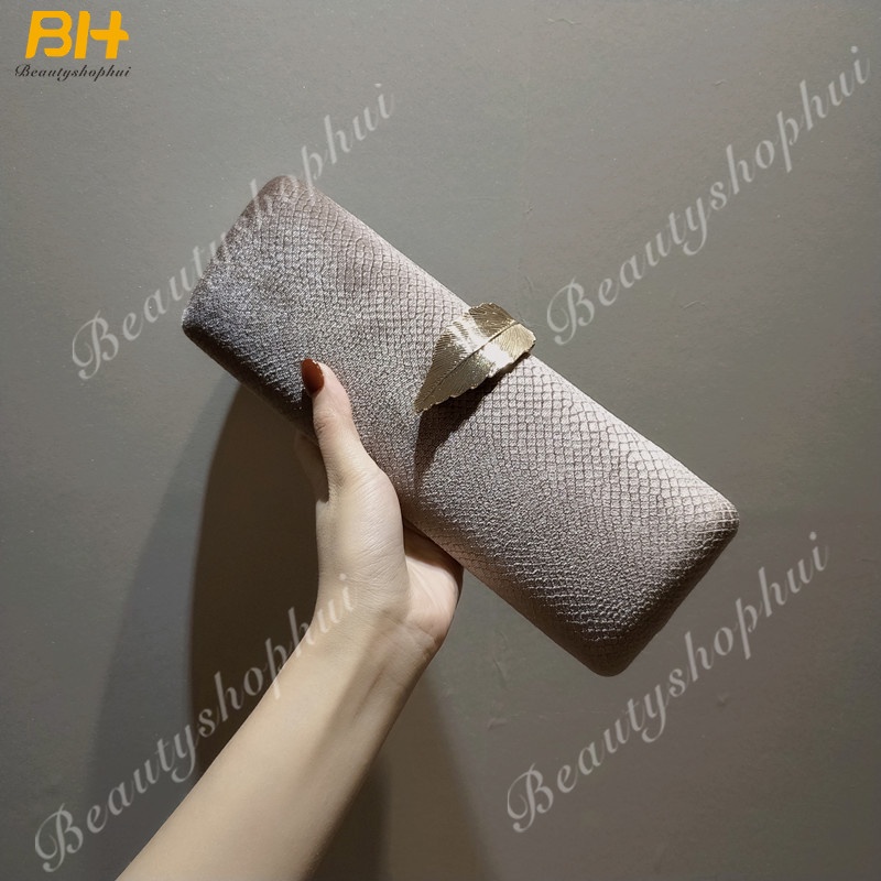 Ví Cầm Tay Vải Nhung Đính Khóa Hình Chiếc Lá Thời Trang Dự Tiệc