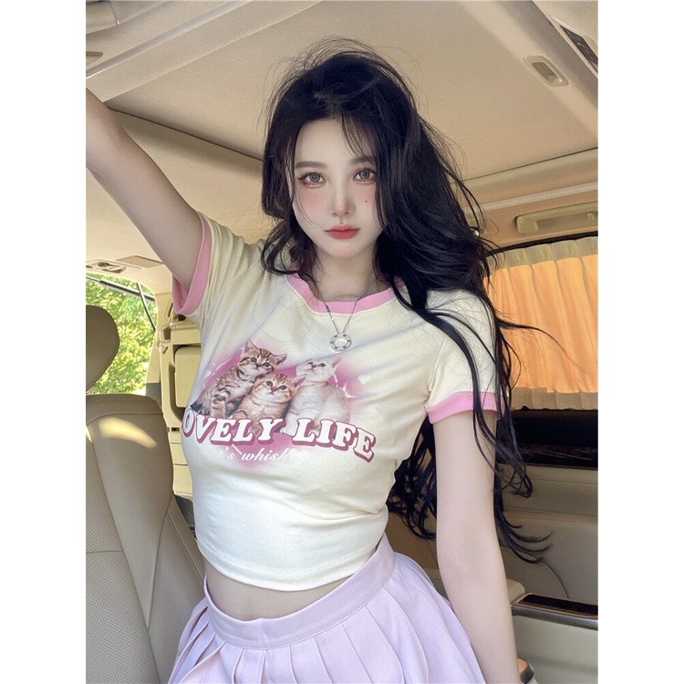 ÁO THUN CROPTOP NỮ 3 CON MÈO LOVELY LIFE DỄ THƯƠNG PHONG CÁCH HÀN QUỐC CÓ FREESIZE <72KG CR2271