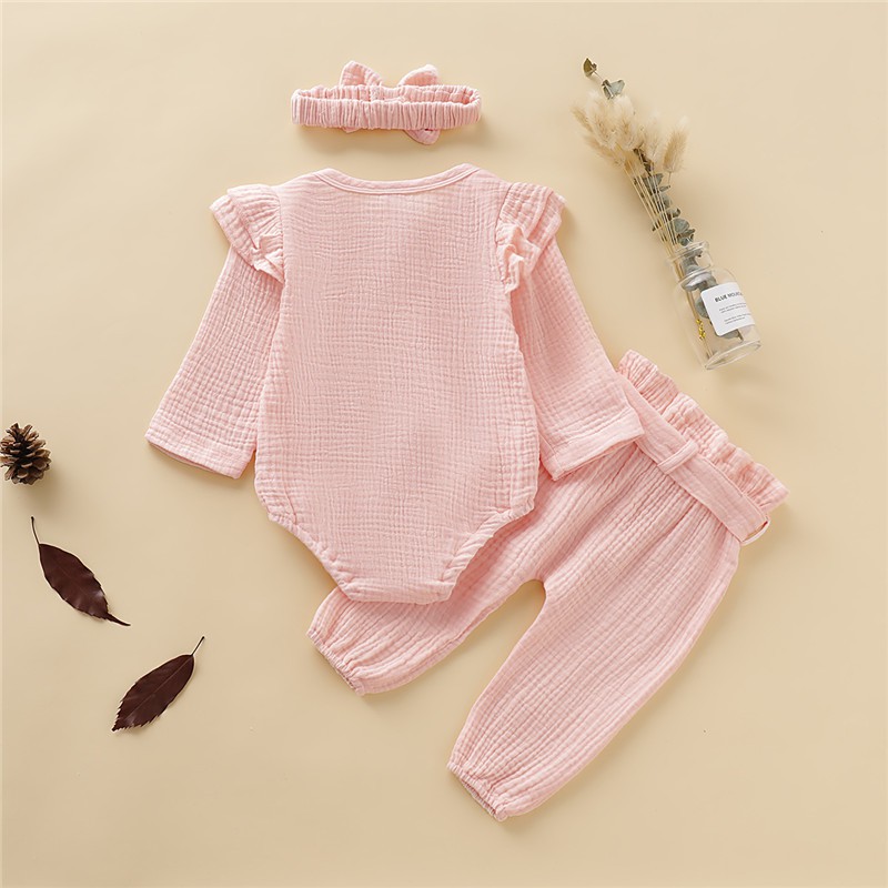 Bộ đồ cotton 3 món MIKRDOO gồm áo liền quần tay dài và quần dài phối băng đô mềm mại cho bé sơ sinh