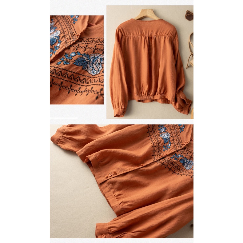 ☻ L O T U S ☻ Plus Áo Kiểu Tay Dài Cổ Chữ V Thêu Họa Tiết Cổ Điển CAL1754