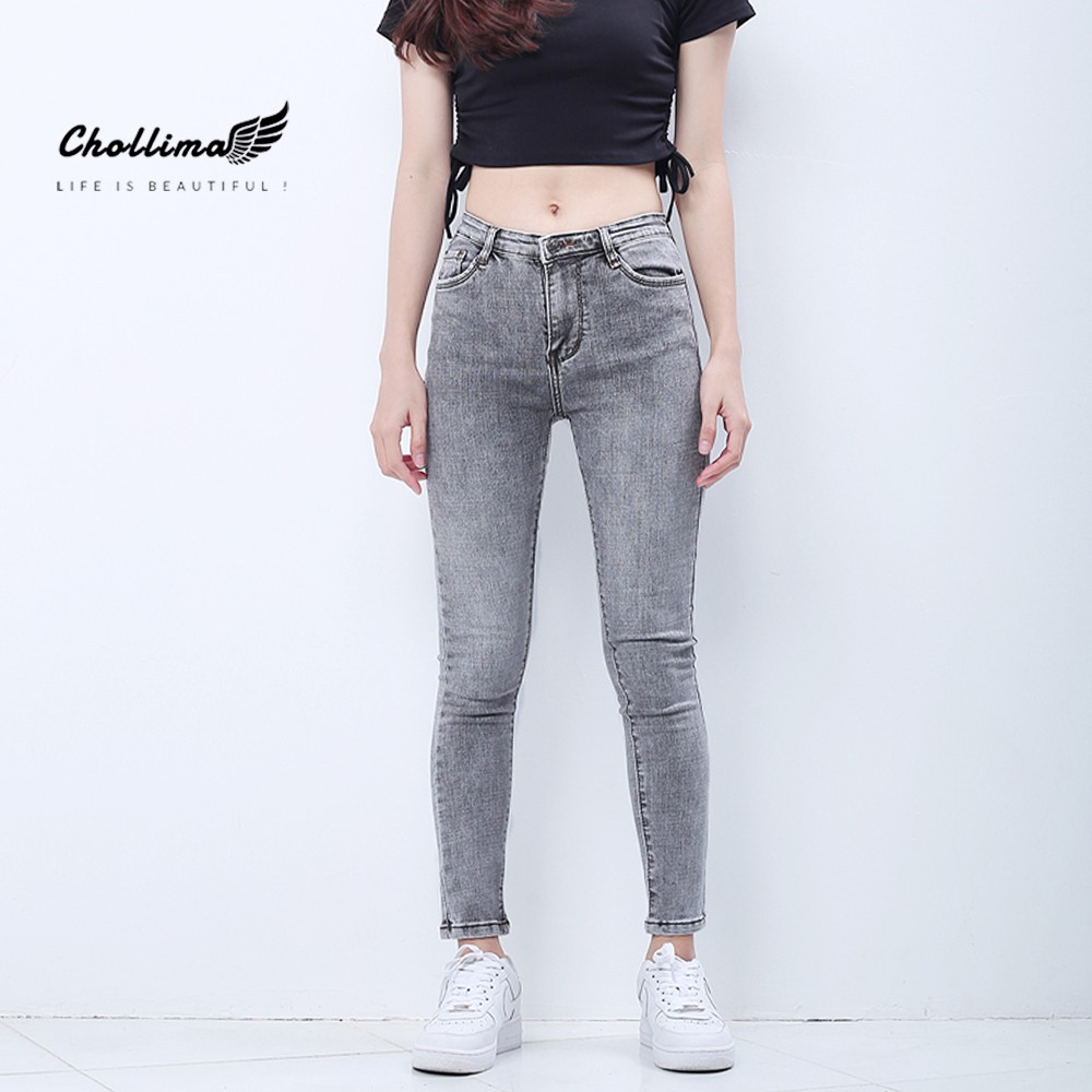 Quần jeans dài nữ co giãn Chollima cạp thường màu xám trắng QD029