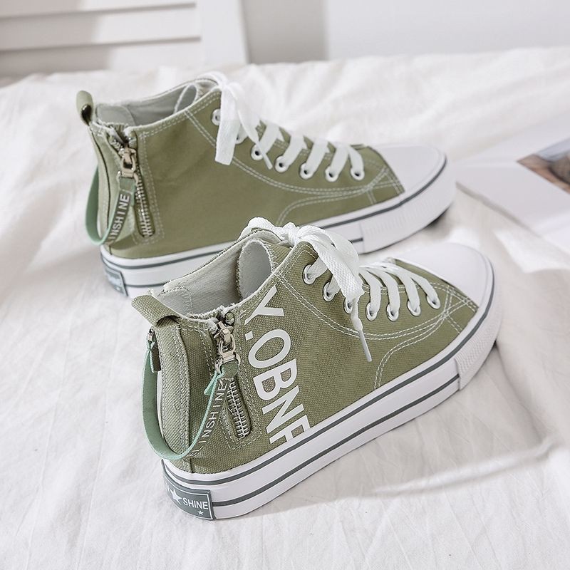 Giày Vải Canvas Cổ Cao Phối Khóa Dây Kéo Bên Hông Phong Cách Harajuku Hàn Quốc Mới Cho Nữ