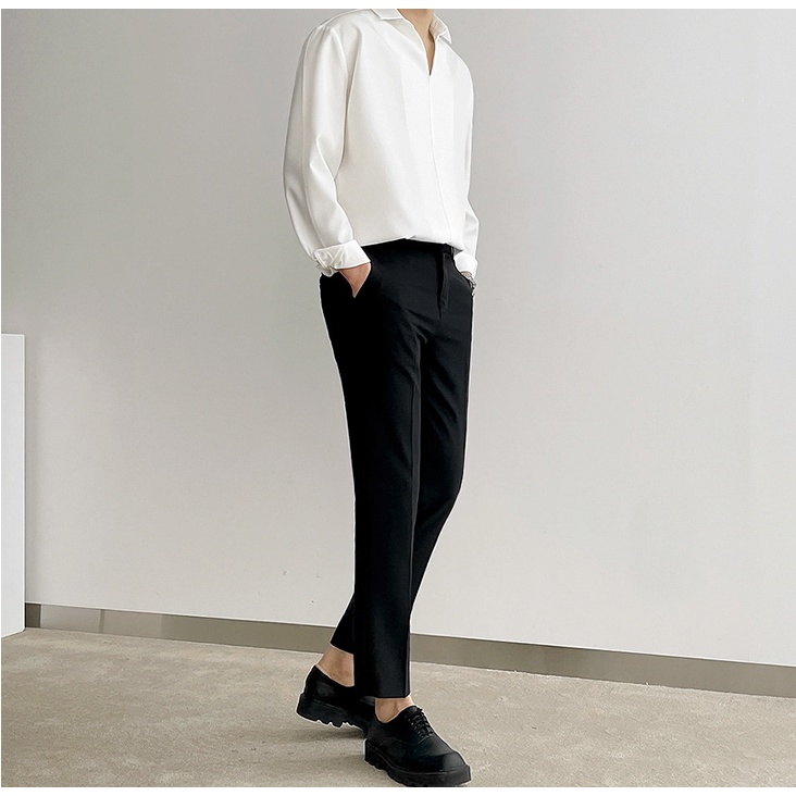 Áo Sơ Mi Cổ V Không Cúc lụa trơn Cao Cấp, trắng - form unisex vừa ôm không nhăn công sở hàn quốc DT Limited