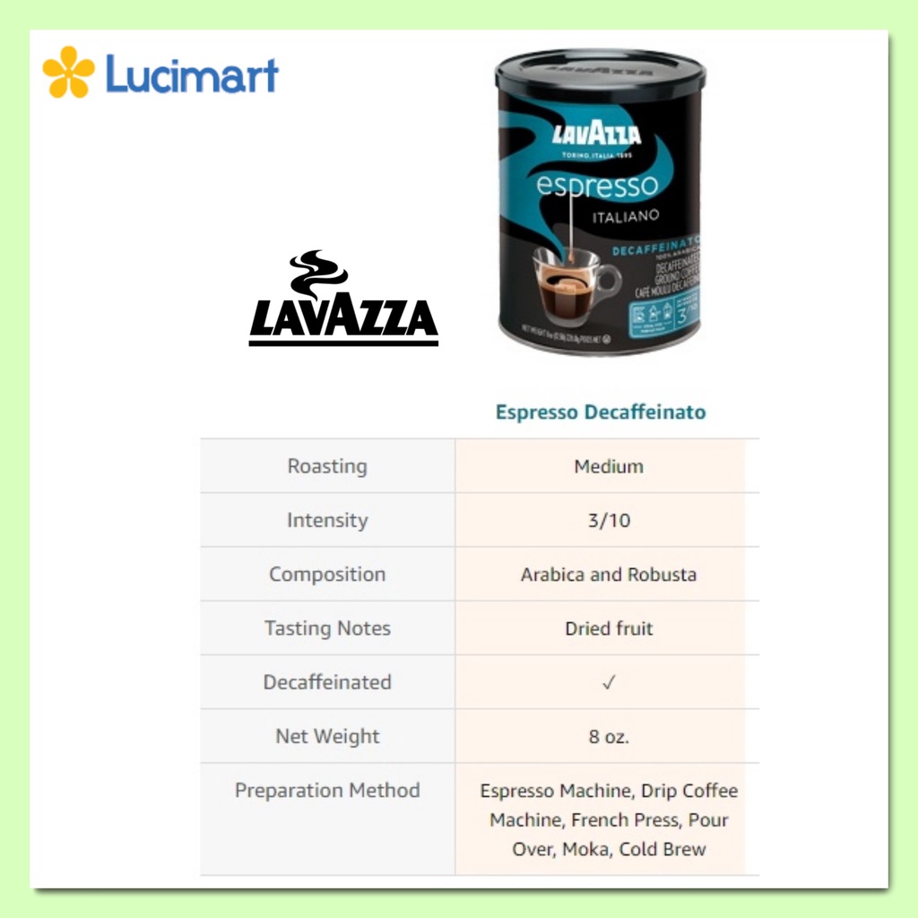 Cà phê Ý Lavazza rang xay sẵn Lavazza Espresso Decaffeinato Italiano Ground Coffee Blend, 100% Arabica hộp 226.8 gram [M