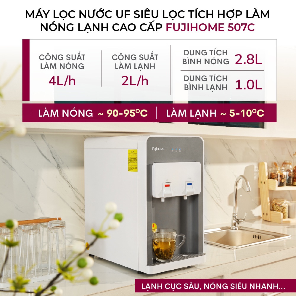 Máy lọc nước nóng lạnh 4 cấp Nhật Bản Nhập Khẩu Fujihome, bộ thiết bị bình lọc nước uống trực tiếp bằng block gia đình