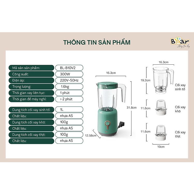 Máy xay sinh tố Bear LLJ-C10P1 (BL-B10V2),đa năng,tiện lợi,3 trong 1,nghiền hạt,thực phẩm đa năng,xay thịt