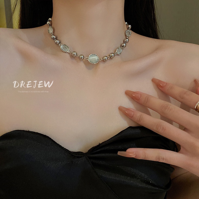 DREJEW Dây chuyền chuỗi hạt opal tròn phong cách Hàn Quốc đơn giản dễ phối đồ cho nữ