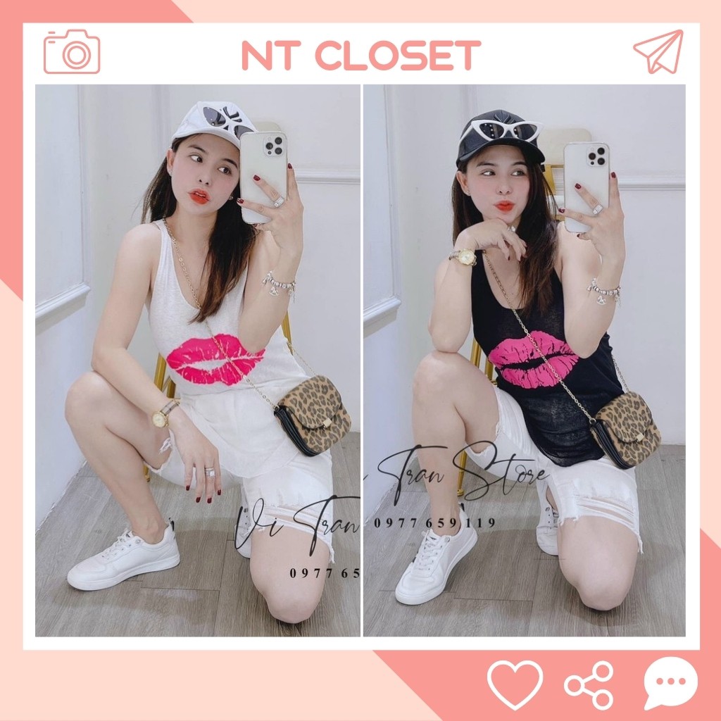 Áo thun giấy ba lỗ form rộng dấu quần in hình môi hồng (cổ chạy chỉ vắt sổ) NT CLOSET - AT001