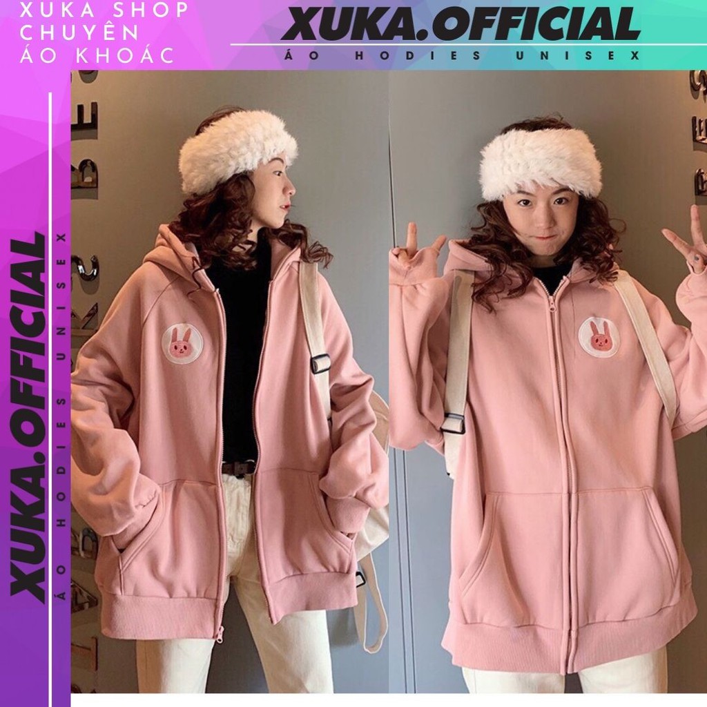 Áo khoác nỉ hoodie XUKASTORE Có Dây Kéo In Hình Logo Thỏ, dùng để chống nắng phong cách Unisex có 4 màu form rộng