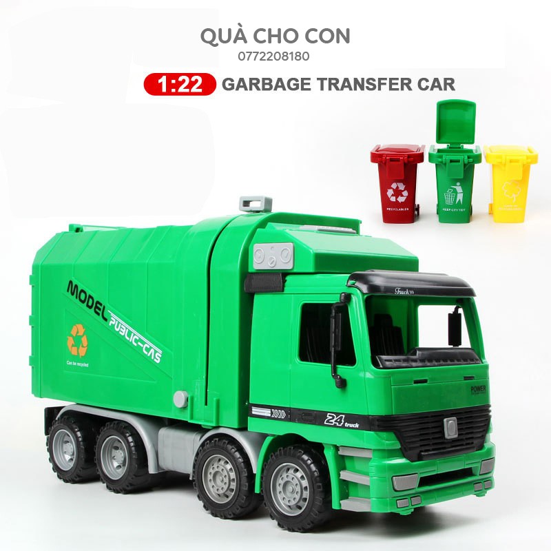 MÔ HÌNH XE CHỞ RÁC TỈ LỆ 1:22 KÈM 3 THÙNG RÁC PHÂN LOẠI, CÓ CHẾ ĐỘ NÂNG THÙNG MÔ PHỎNG ĐỔ RÁC NHƯ XE THẬT