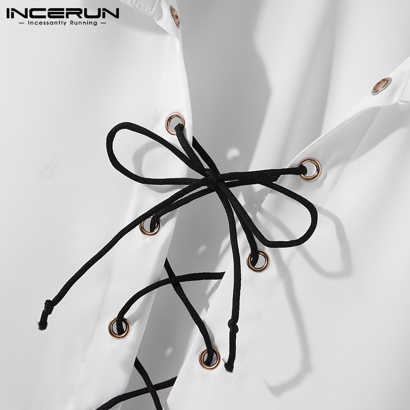 Áo sơ mi INCERUN tay dài màu trắng cổ chữ V thời trang dành cho nam