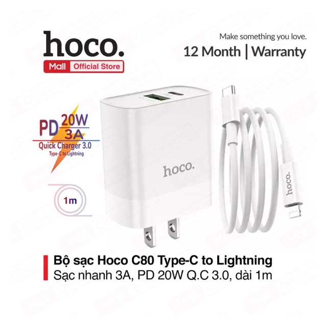 Bộ sạc PD 20W Hoco C80/C80A Plus 2 cổng ( USB + Type-C ), sạc nhanh 3A, Quick Charger 3.0 cho iPhone/iPad ( kèm dây 1m )