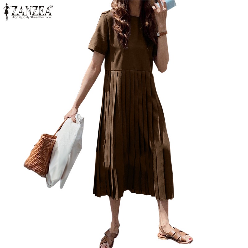 Đầm maxi ZANZEA màu trơn xếp ly cổ tròn tay áo một nửa phong cách retro cho nữ