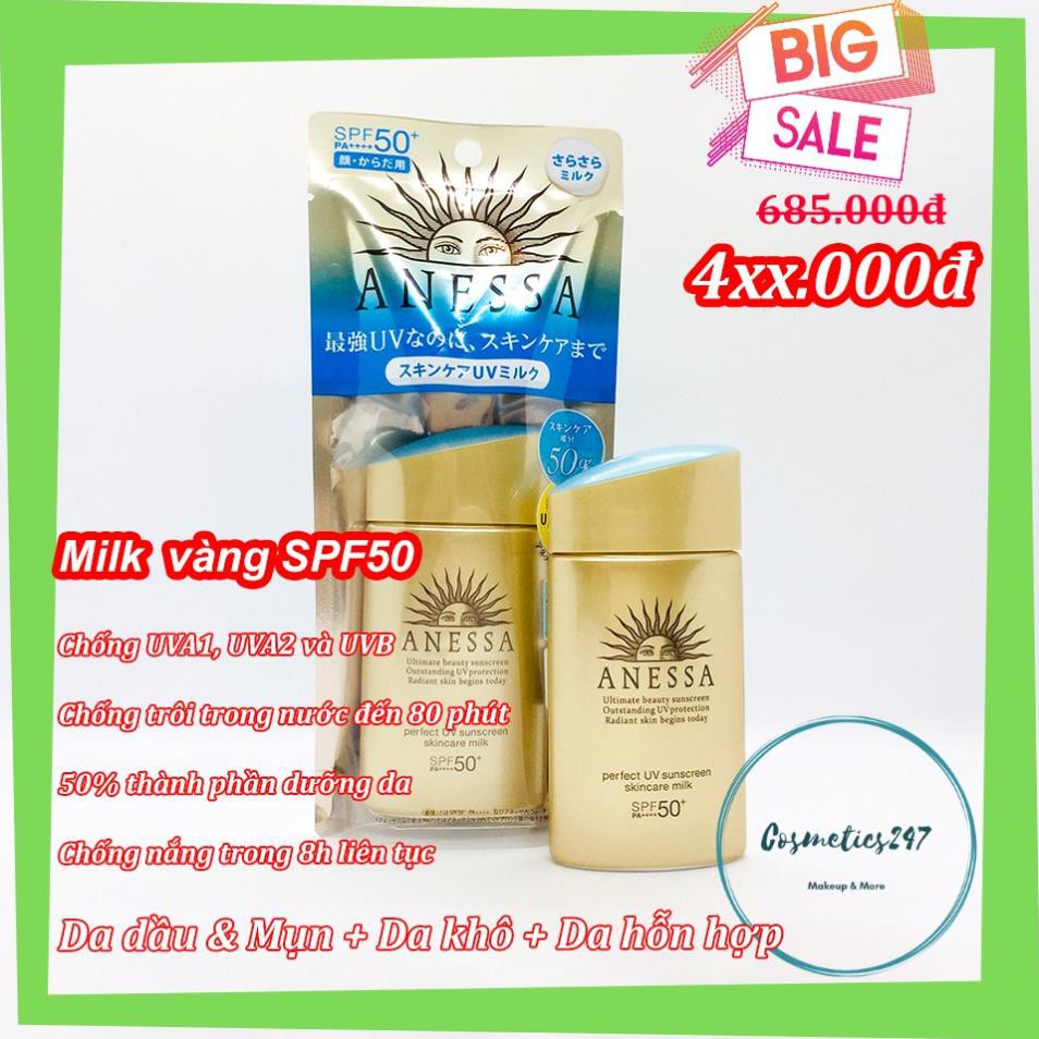 Kem chống nắng Anessa Perfect UV Sunscreen Skincare Milk SPF 50+ PA++ dành cho Da Dầu & Da Dầu Mụn màu vàng  60ml & 20ml