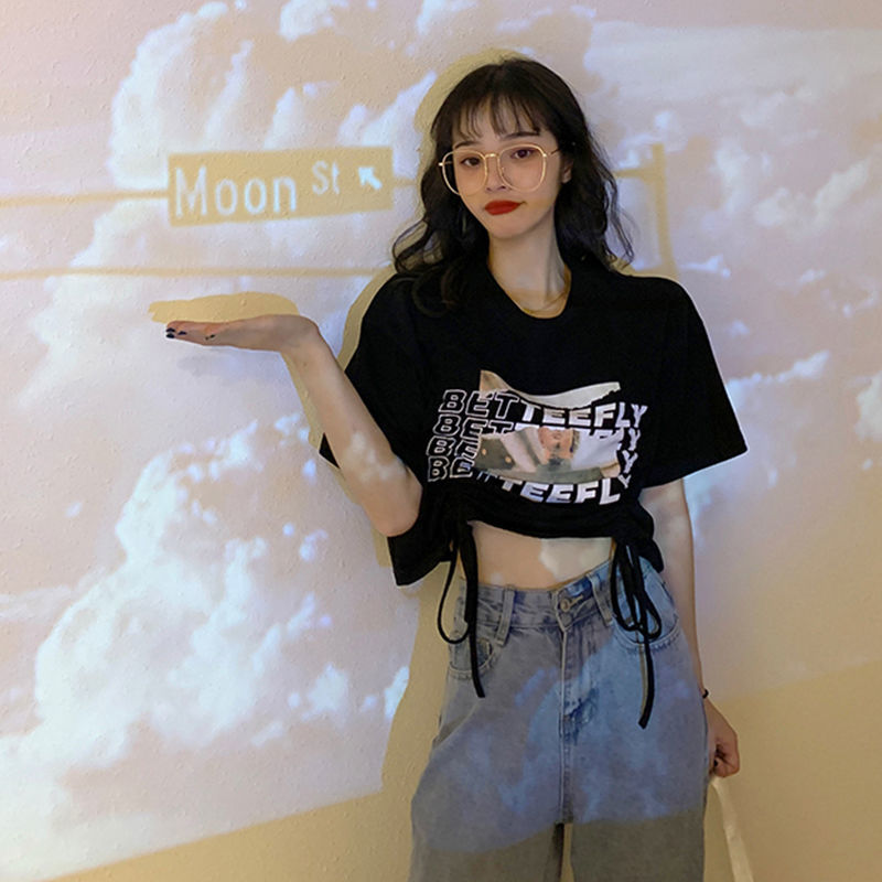 Áo Thun Ngắn Tay Phối Dây Rút Cá Tính Dành Cho Nữ