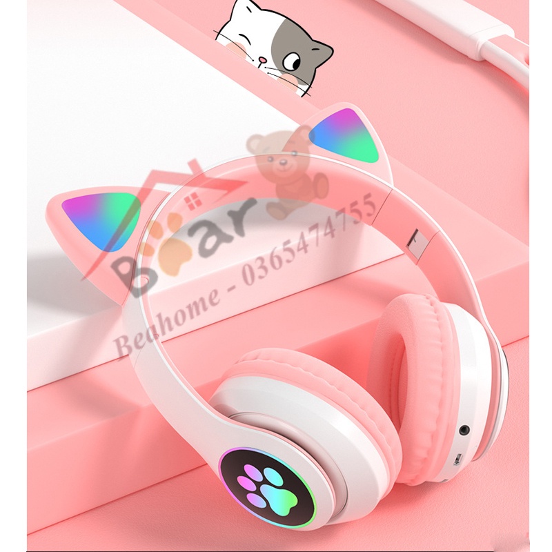 Tai nghe mèo bluetooth chụp tai cao cấp, Tai nghe mèo hồng dễ thương có micro đàm thoại, chơi game. Headphone phát sáng