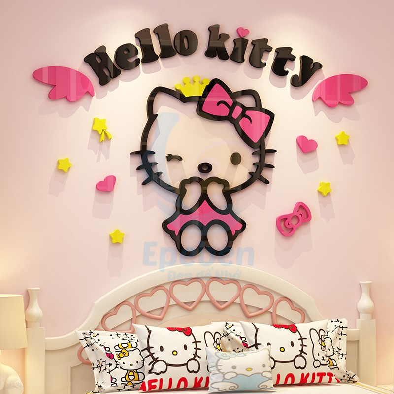 Tranh dán tường mica 3d decor khổ lớn hello kitty đôi cánh thiên thần trang trí mầm non phòng cho bé Nhiều Size - EPeBen