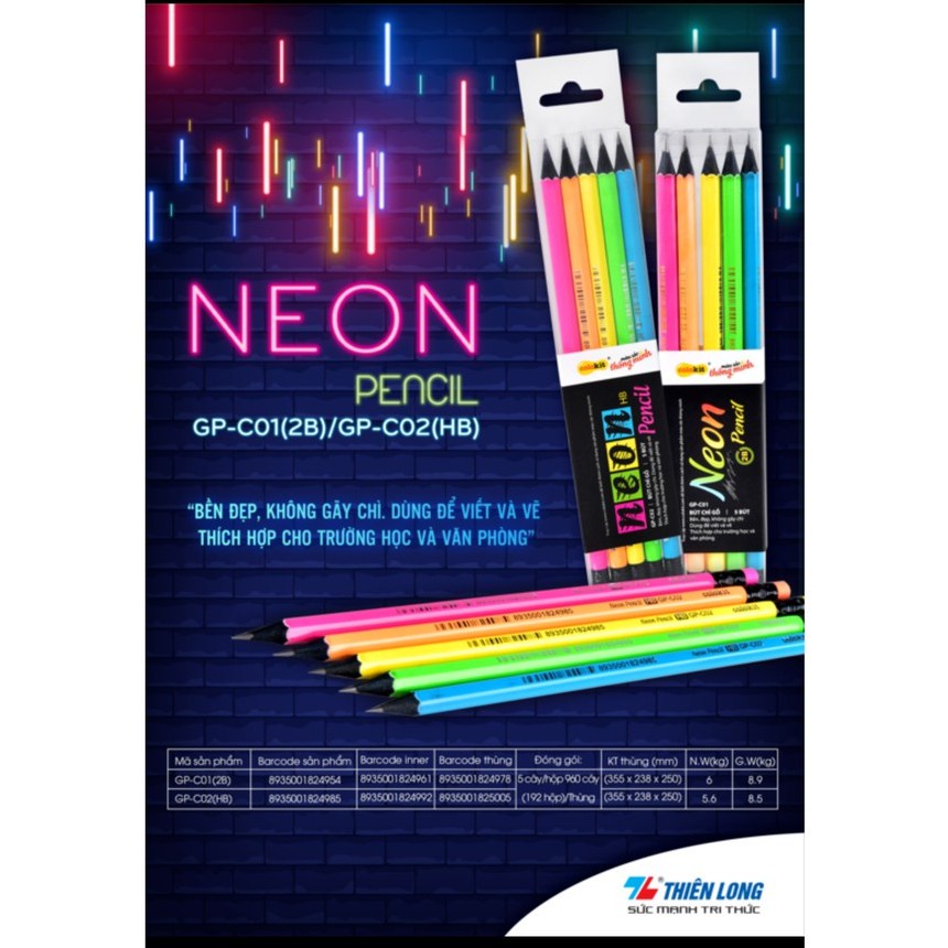 ( 1 Hộp 5 Cây ) Bút Chì Gỗ Neon 2B GPC02 Thiên Long Camshop