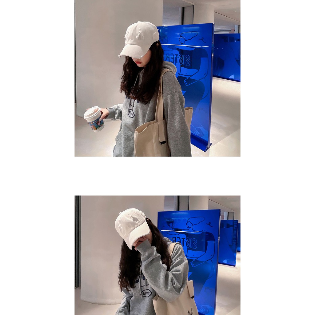 Mũ lưỡi trai bóng chày chống nắng màu trơn phối lỗ rách kín phong cách hip hop Hàn Quốc thời trang mùa hè cho nam nữ