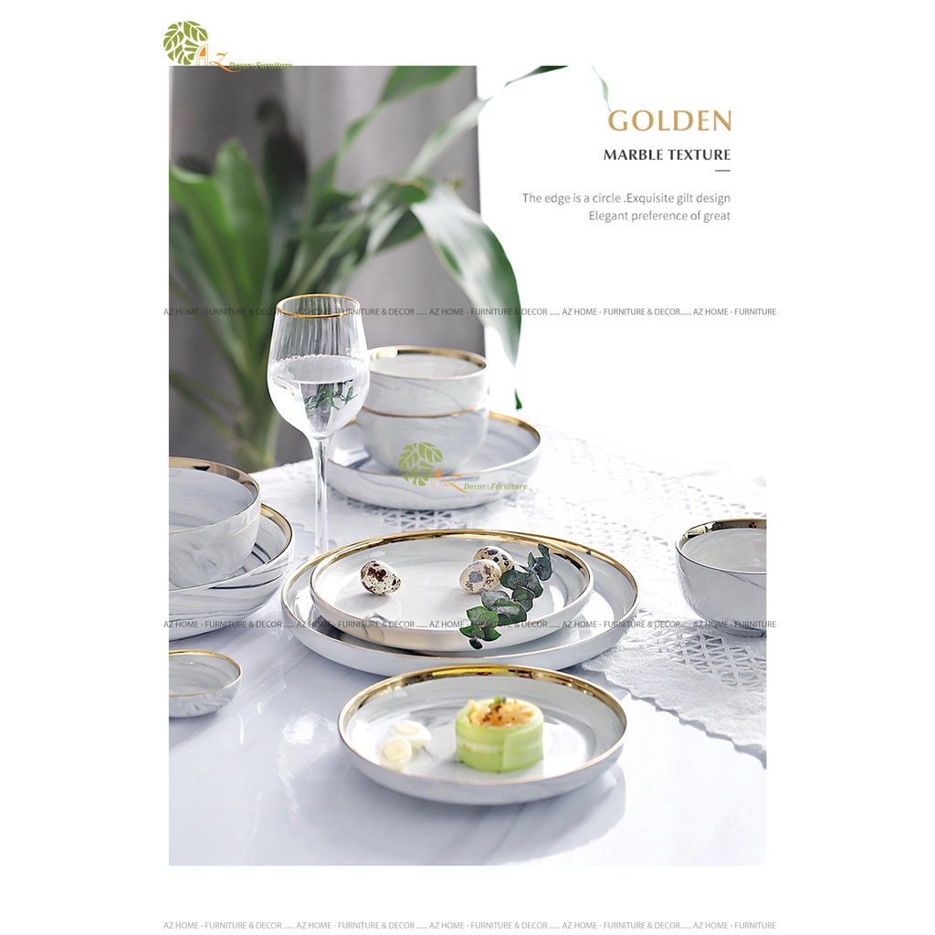 Bộ bát đĩa lẻ sứ đá gốm sứ cao cấp viền vàng phong cách bắc âu