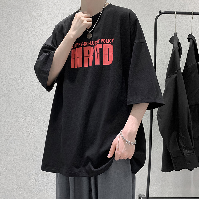 Korean Simple Letter Printing Oversized Tshirt Men and Women Summer Loose Plus Size Five-point Sleeve Drop Shoulder Short Sleeve T-shirt Unisex Tops