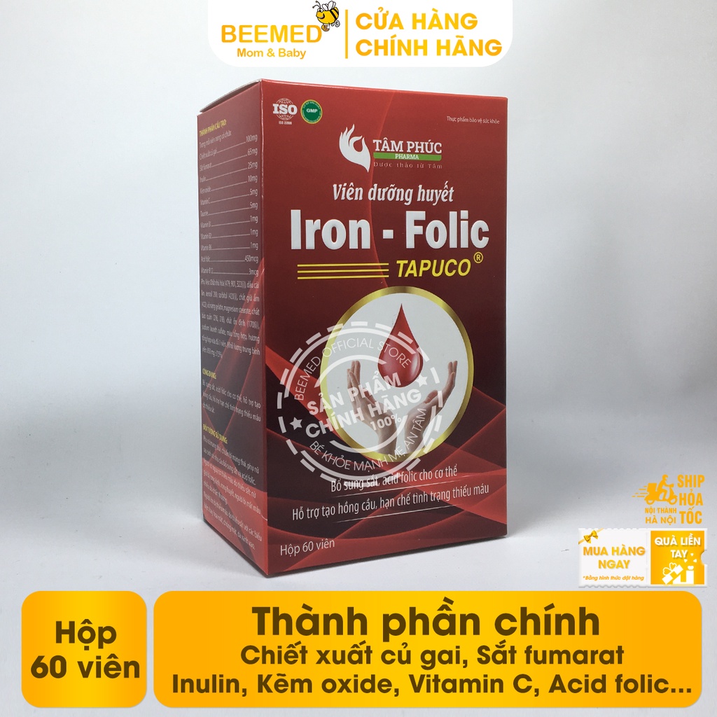 Vitamin cho mẹ bầu và sau sinh- Viên sắt bổ máu - Dưỡng huyết Iron Folic hộp 60 viên từ sắt hữu cơ và acid folic